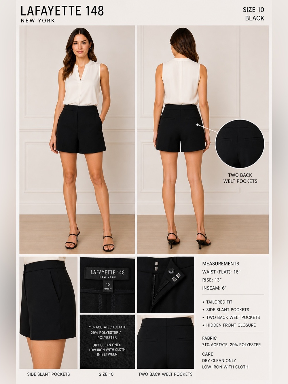 Lafayette 148 New York Tailored Shorts Womens 10 Black minimalist classic sexy